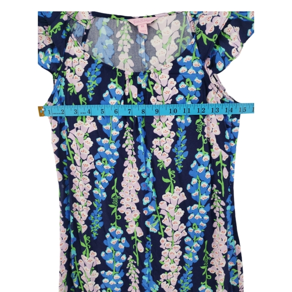 Lilly Pulitzer Size XS Blue Floral Dress with Belt 100% Rayon Ruffled Sleeve - Picture 4 of 10